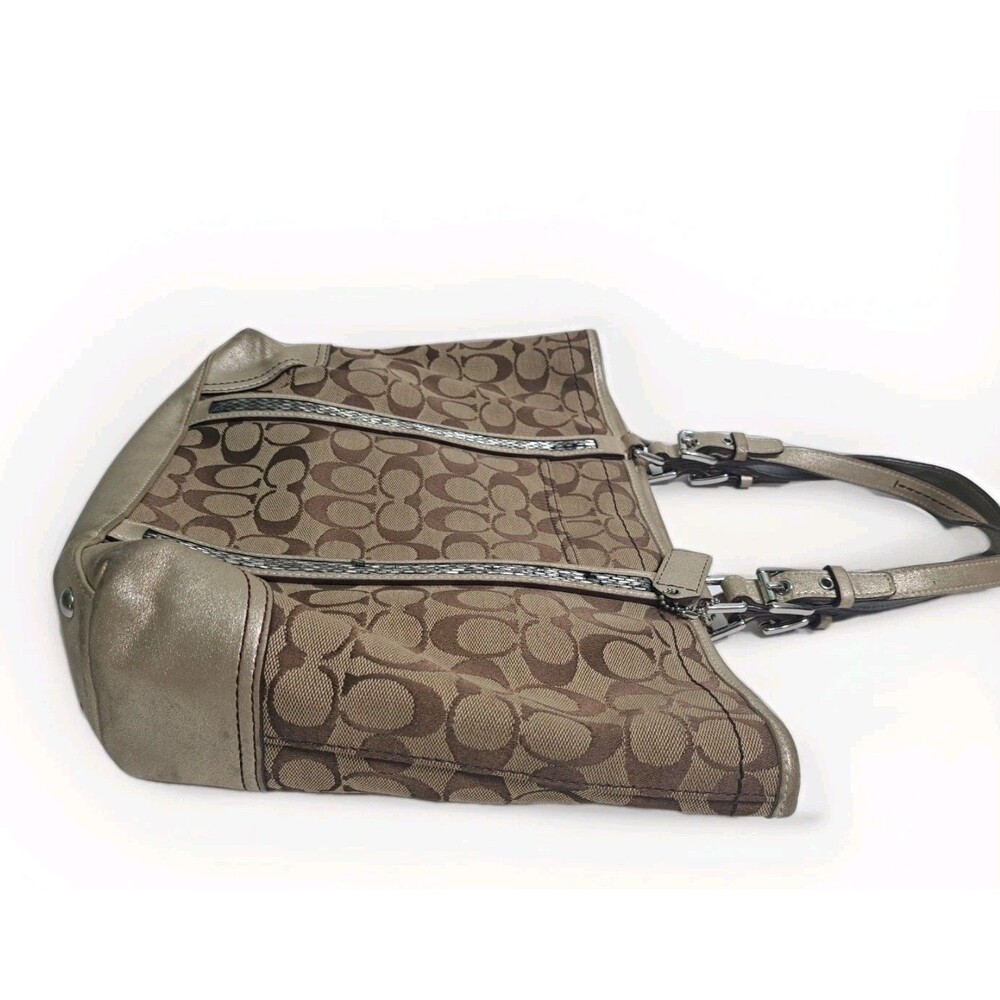 Coach Signature C Khaki Tote Jacquard Beaded Shoulder Bag Gold Brown F05J-8K52 - Picture 3 of 13